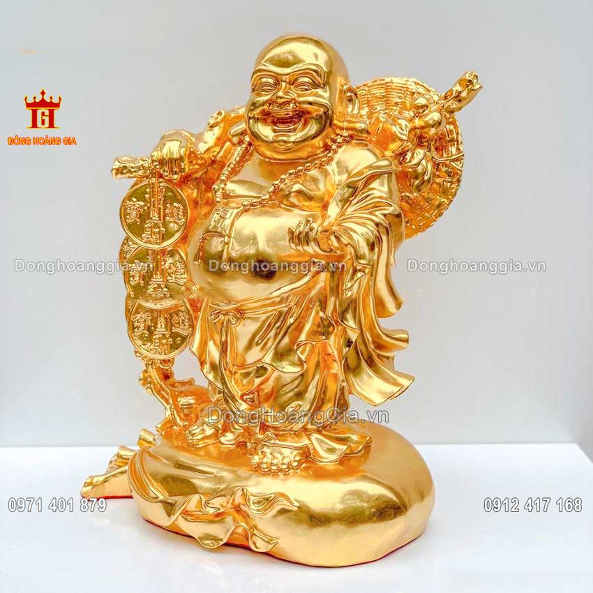 Pho tượng Phật Di Lặc gánh đồng tiền cổ bằng đồng mạ vàng 24K